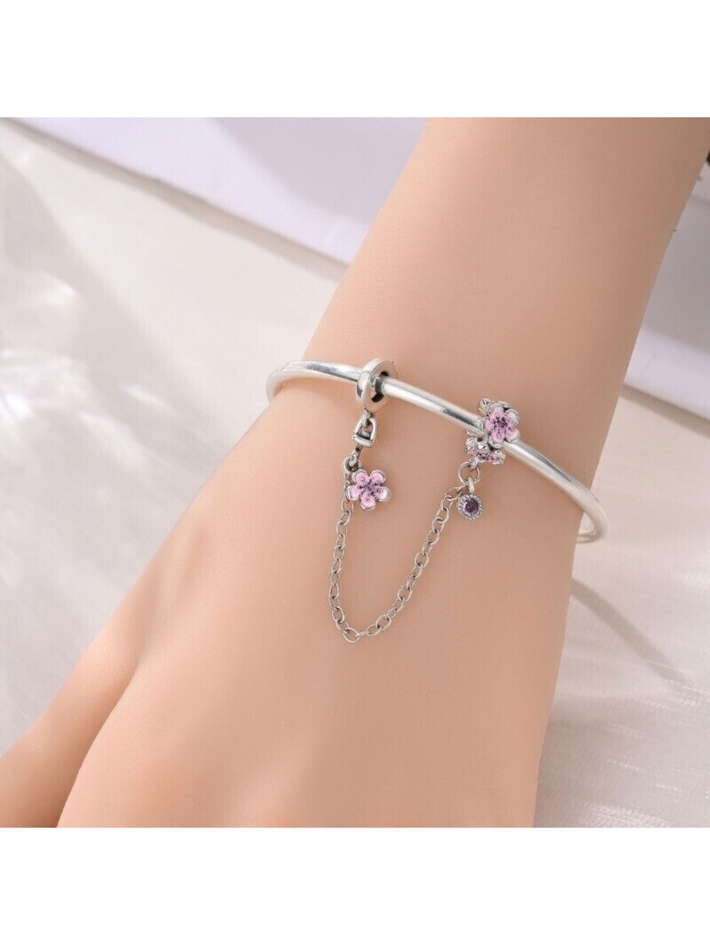 Pink Flower Enamel Safety Chain Charm Large Hole European Bead Bracelet